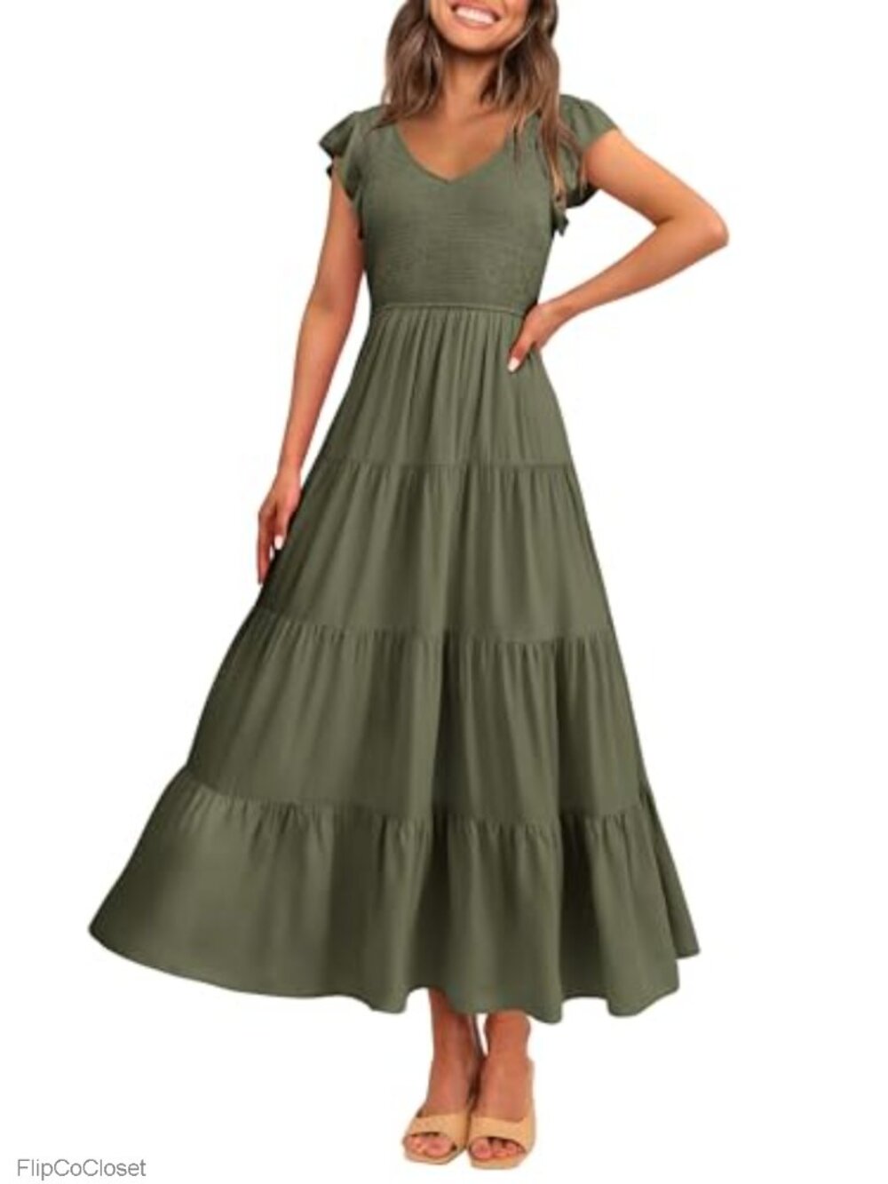 Women's V-Neck Cap Sleeve Smocked Tiered A-Line Maxi Dress